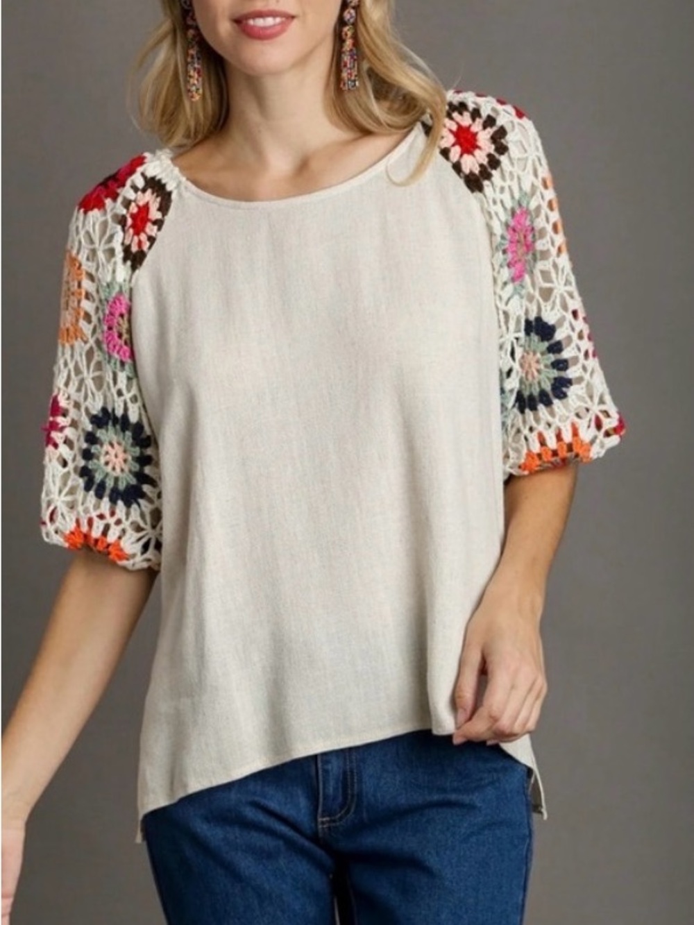 Umgee Linen Blend Crochet Boho Granny Square Sleeve Blouse Top Tan Multi L -0243